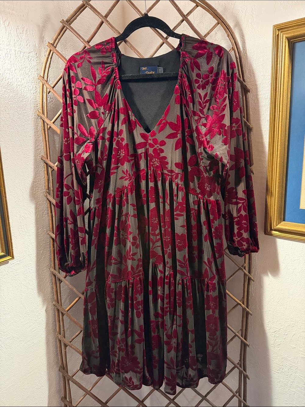 Velvet Floral Tiered V-Neck Dress in Burgundy and black